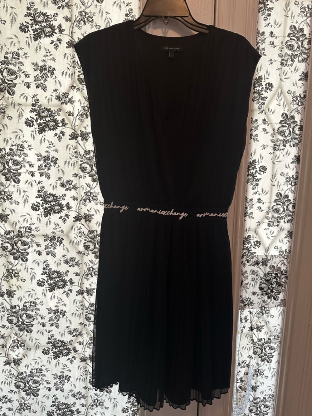 Armani Exchange Black Pleated Mini Dress with Branded Waistband